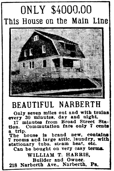 newspaper ad for $4000 home in 'Beautiful Narberth'