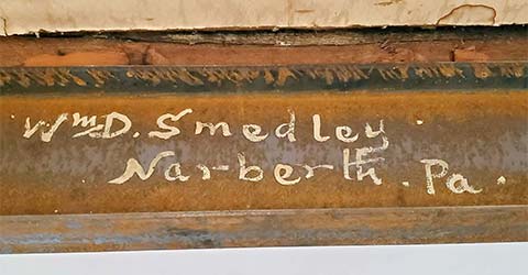 Wm. D. Smedley painted on ceiling beam in stairwell