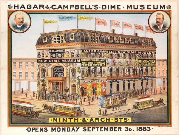 color illustration of the Dime Museum at 9th and Arch streets, rooftop flags a flutter, and banners draped over every surface advertising the exhibits within