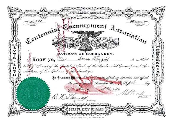 a stock certificate with a plough watermark and green seal