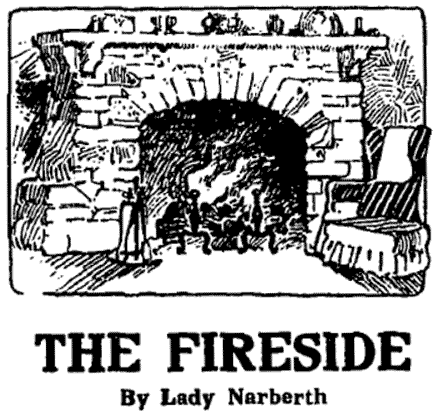 black and white drawing of a cozy armchair in front of a stone hearth with a fire.