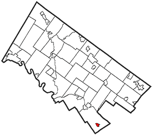 outline map of Montgomery County, PA, showing its townships and boroughs. Narberth borough is located in the extreme southeast of the county.