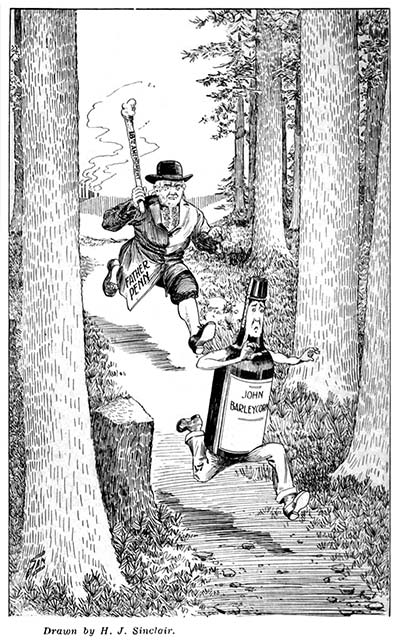 man labeled Father Penn with club labeled 18th Amendment chases bottle labeled John Barleycorn