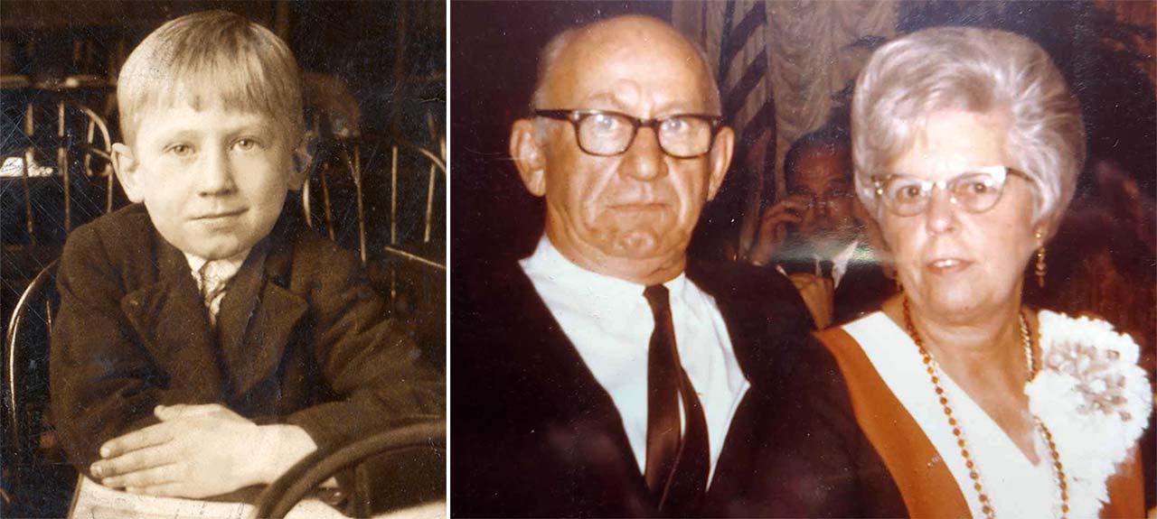 side by side portraits of young boy and older man