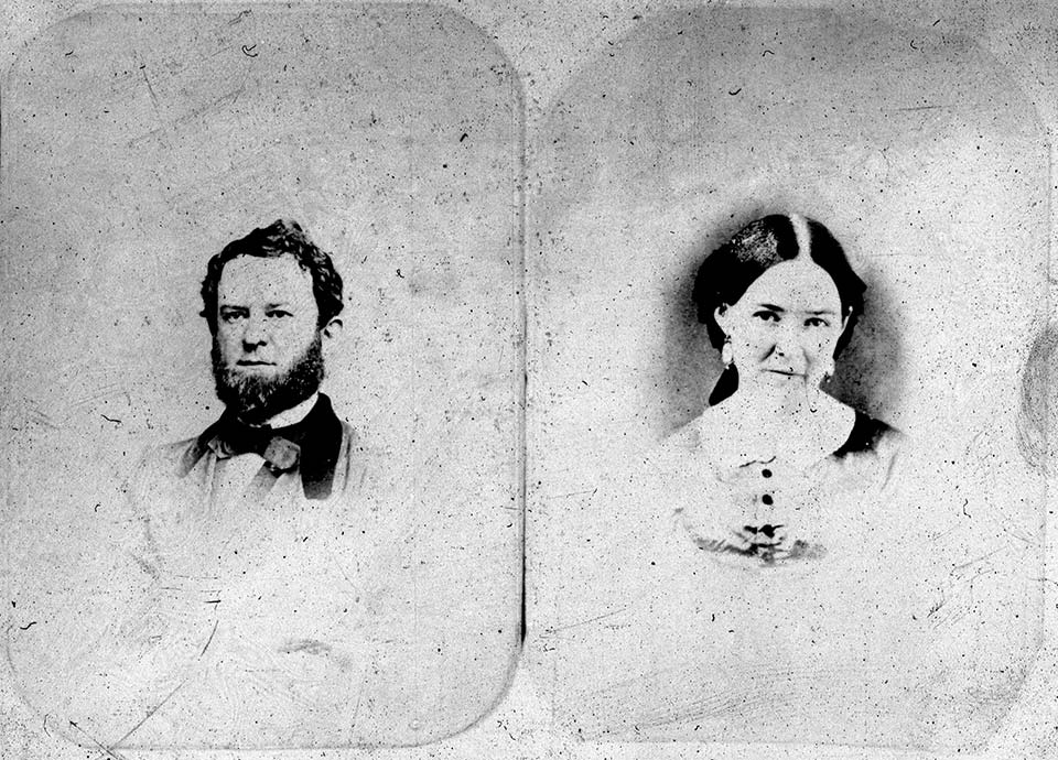 2 portraits in a hinged frame, man with beard, woman with tied back hair, wearing civil-war-era clothes