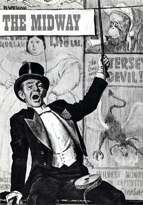 a carnival barker in tails and top hat, mouth open pointing at fantastic displays pictured behind him, a 1,148-pound woman, an orangutan in baby bonnet suckling a milk bottle and the Jersey Devil