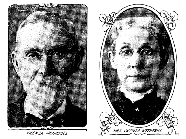 newspaper protraits of older couple, he with white goatee and bow tie, she in high-collared dress