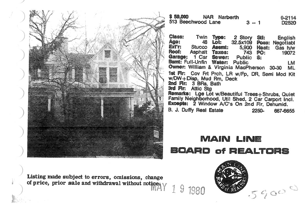 513 Beechwood Lane real estate listing, 1980