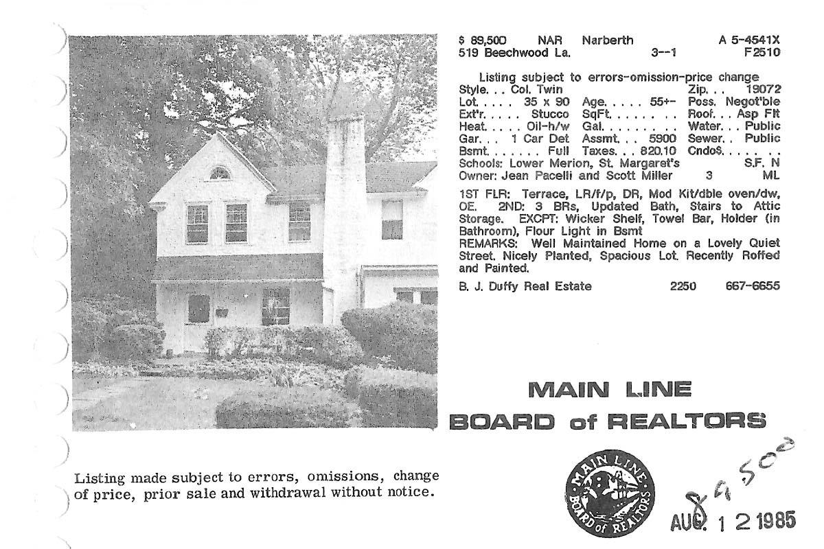 519 Beechwood Lane real estate listing, 1985