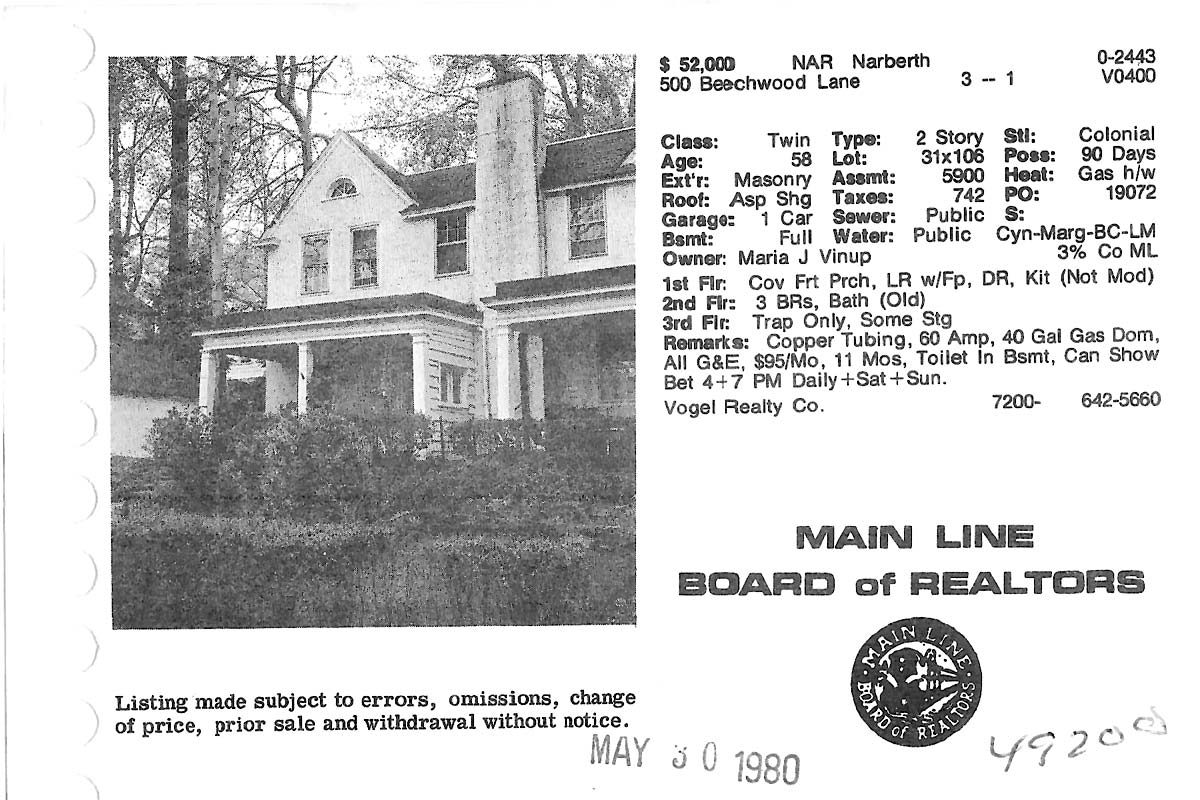 500 Beechwood Lane real estate listing, 1980