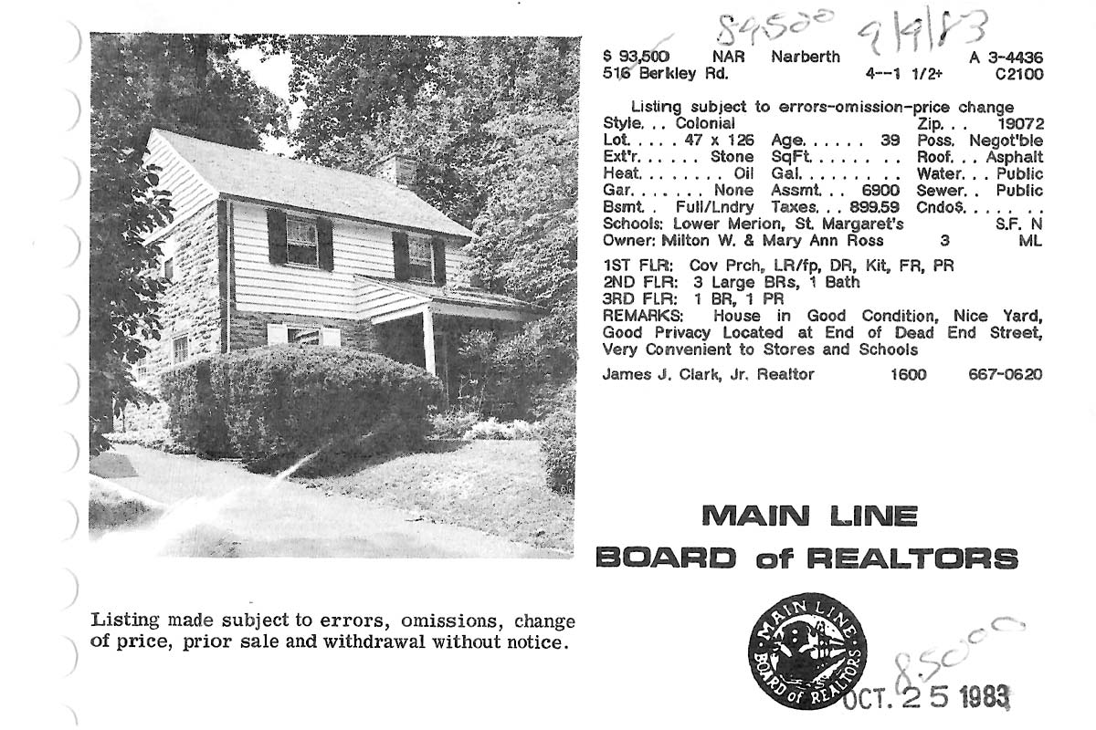 516 Berkley Road real estate listing, 1983