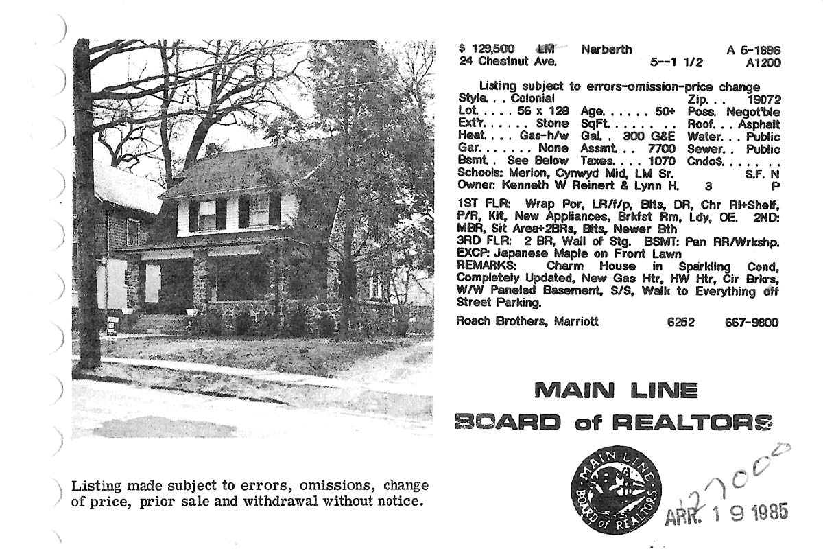 24 Chestnut Avenue real estate listing, 1985