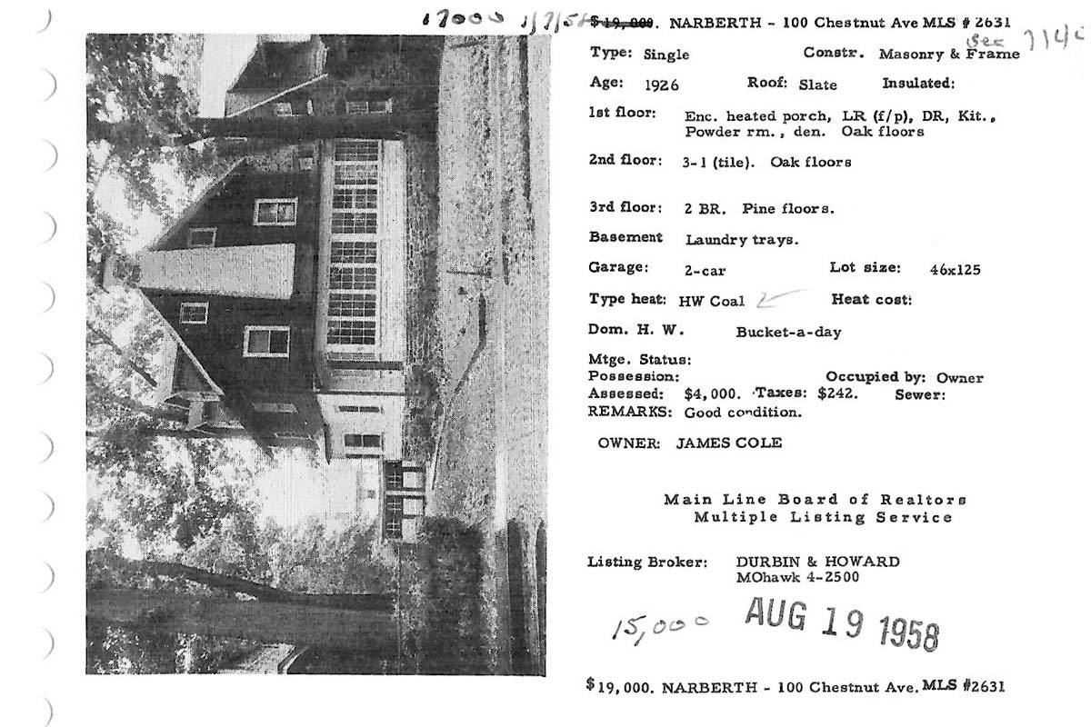 100 Chestnut Avenue real estate listing, 1958