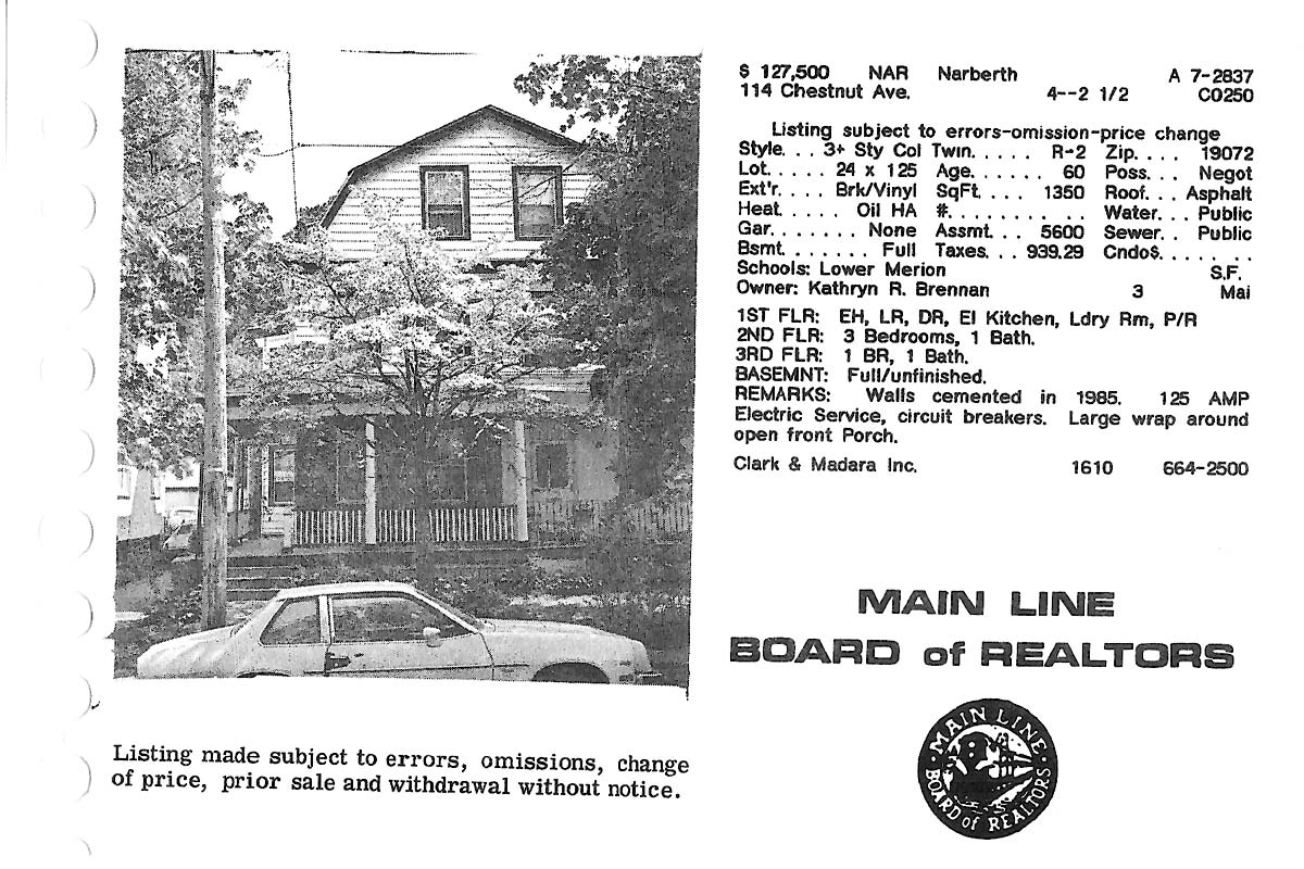 114 Chestnut Avenue real estate listing, 1987