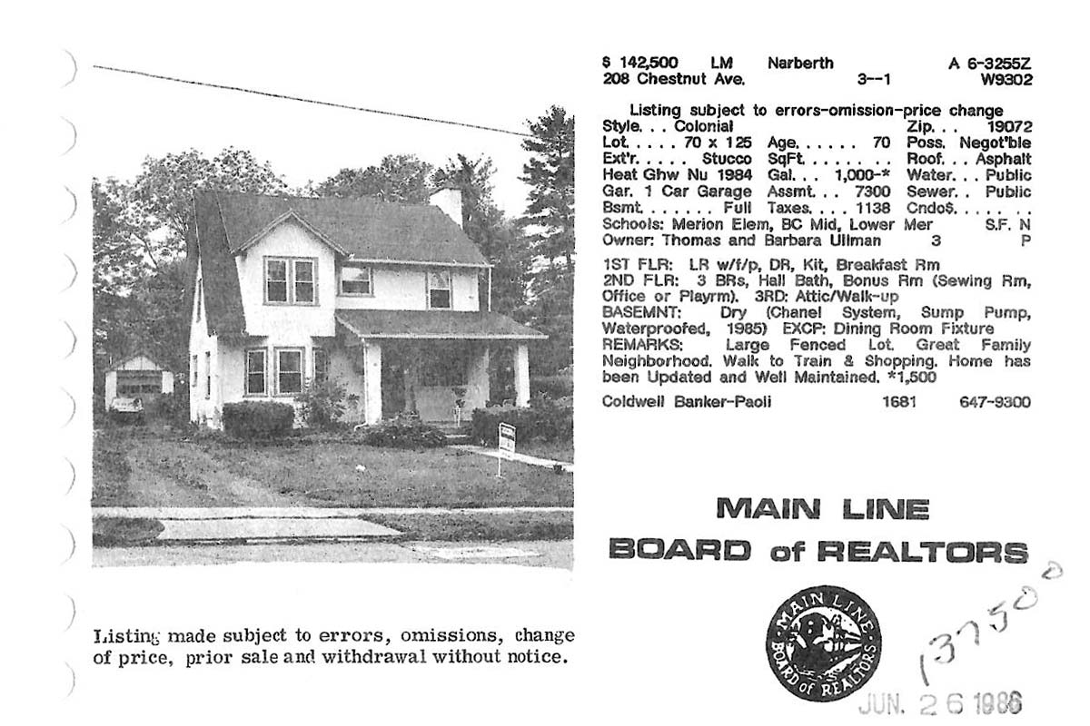 208 Chestnut Avenue real estate listing, 1986