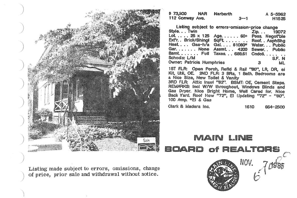 112 Conway Avenue real estate listing, 1985