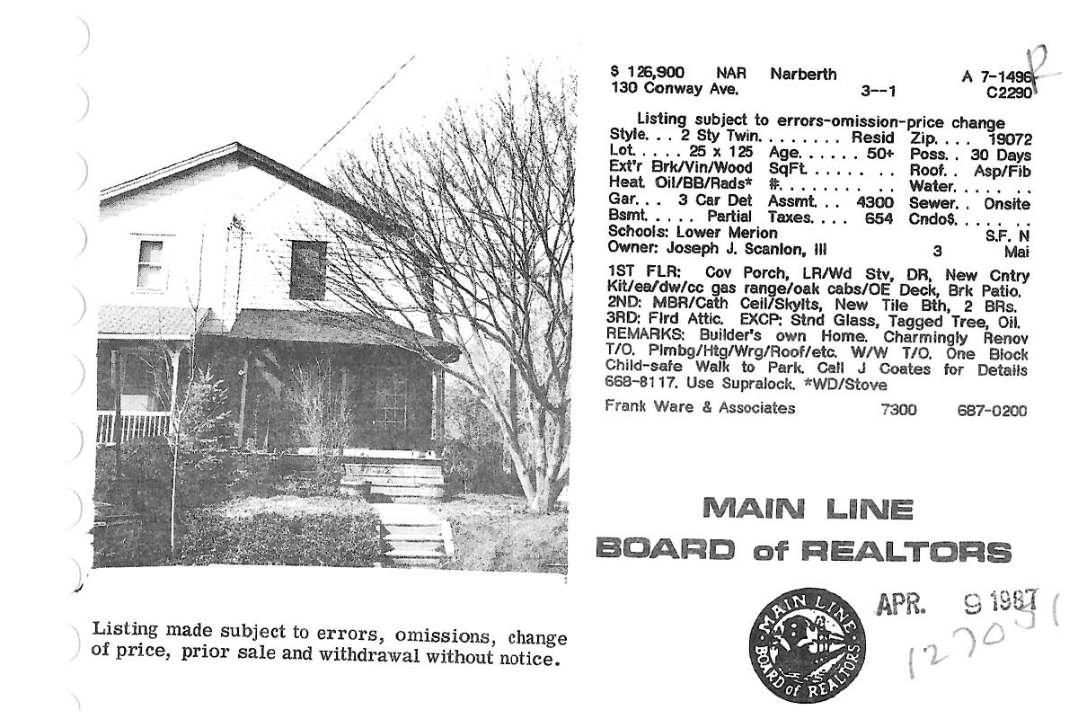 130 Conway Avenue real estate listing, 1987