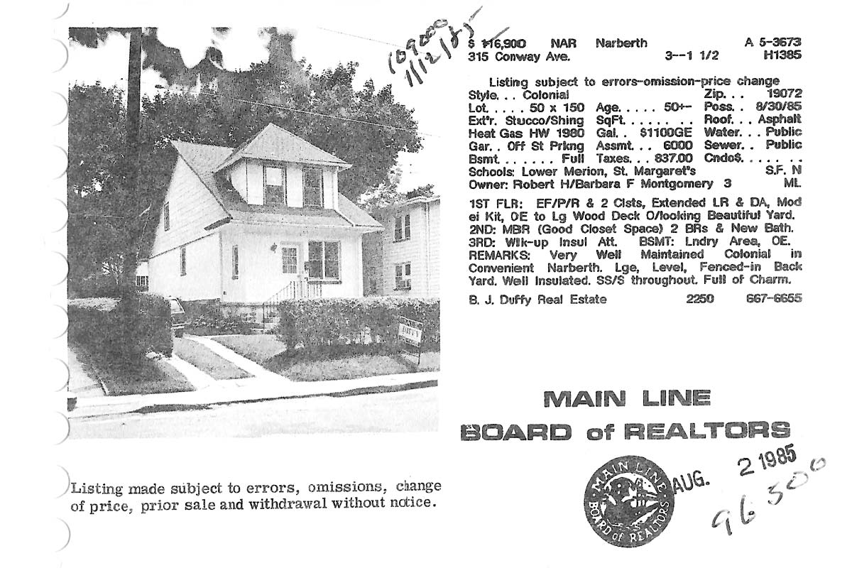 315 Conway Avenue real estate listing, 1985