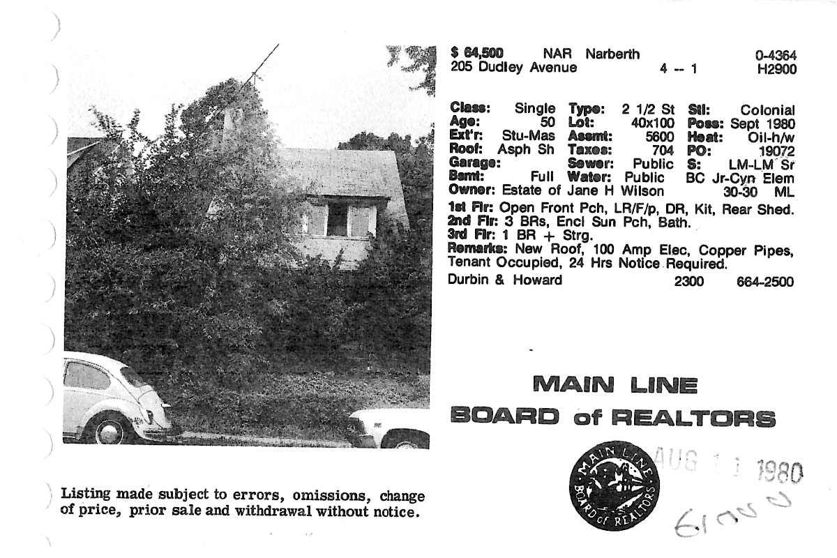 205 Dudley Avenue real estate listing, 1980