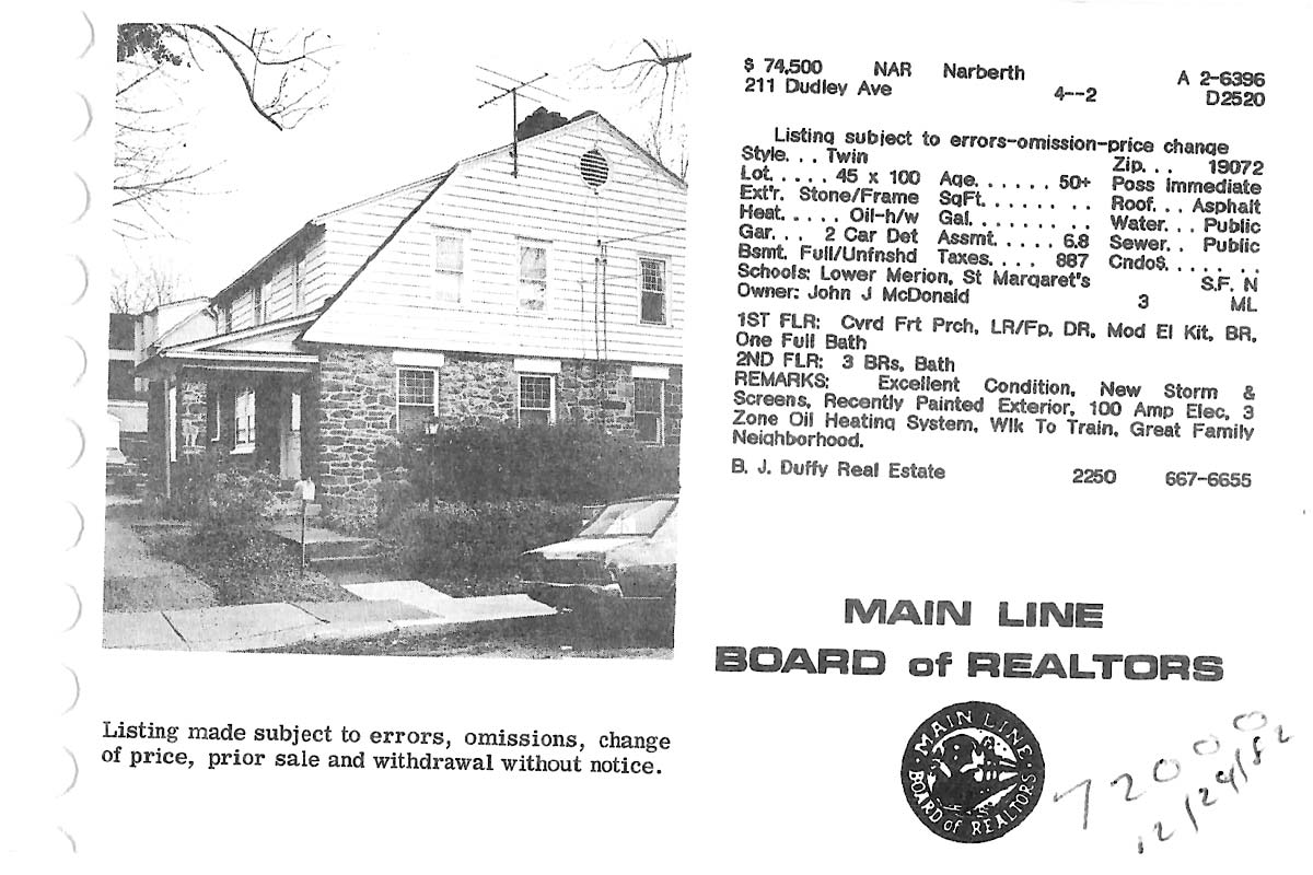 211 Dudley Avenue real estate listing, 1982