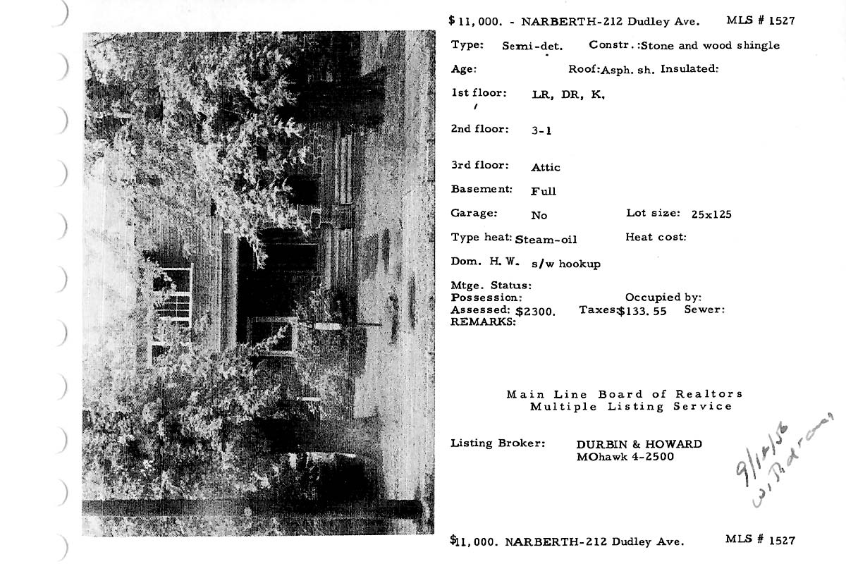 212 Dudley Avenue real estate listing, 1956