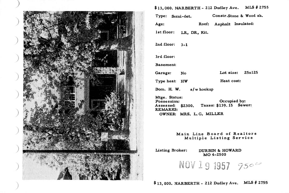 212 Dudley Avenue real estate listing, 1957