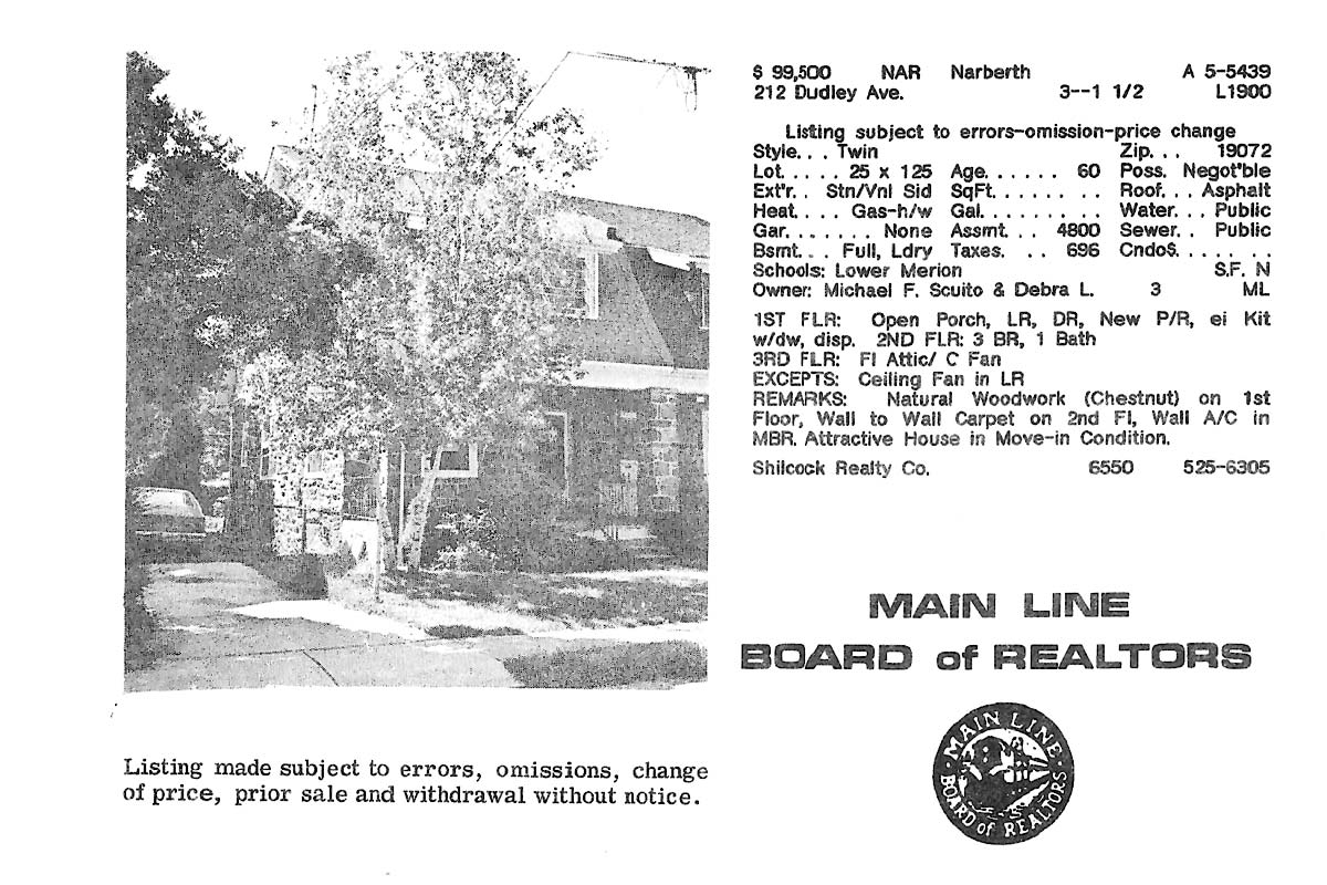 212 Dudley Avenue real estate listing, 1985