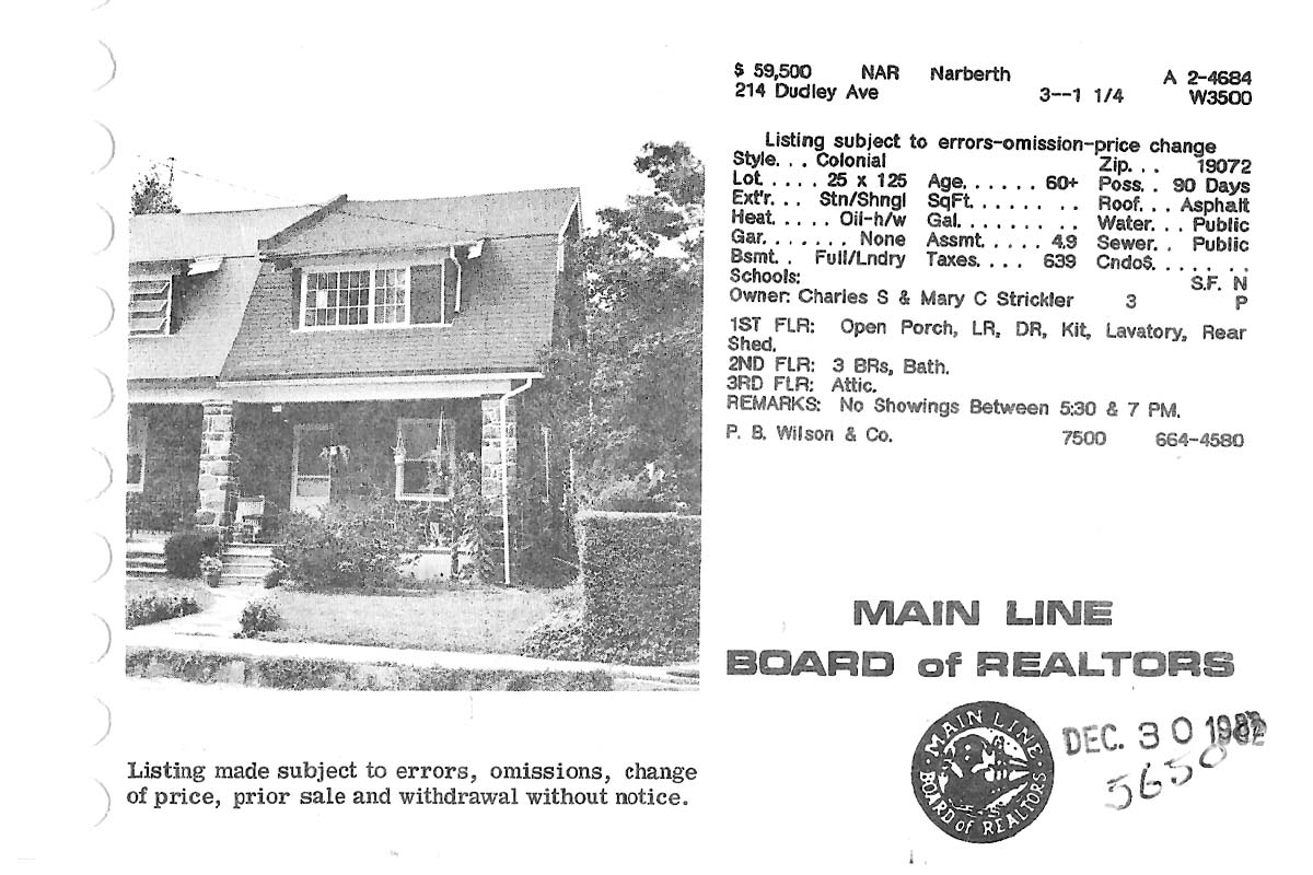 214 Dudley Avenue real estate listing, 1982