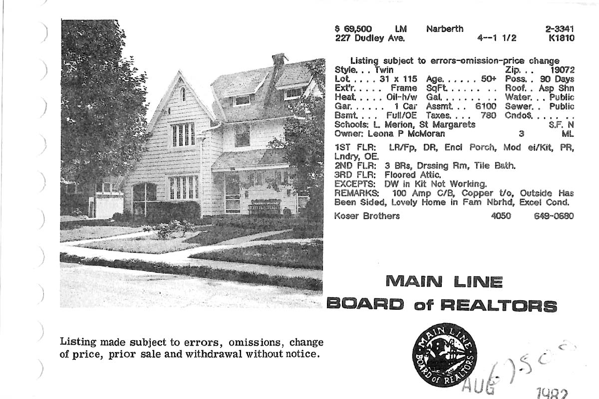227 Dudley Avenue real estate listing, 1982
