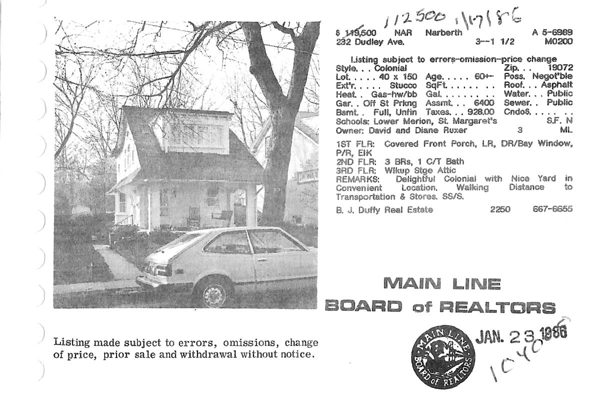 232 Dudley Avenue real estate listing, 1985