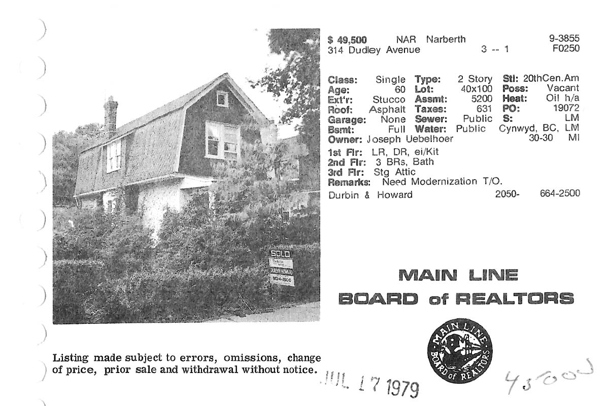 314 Dudley Avenue real estate listing, 1979