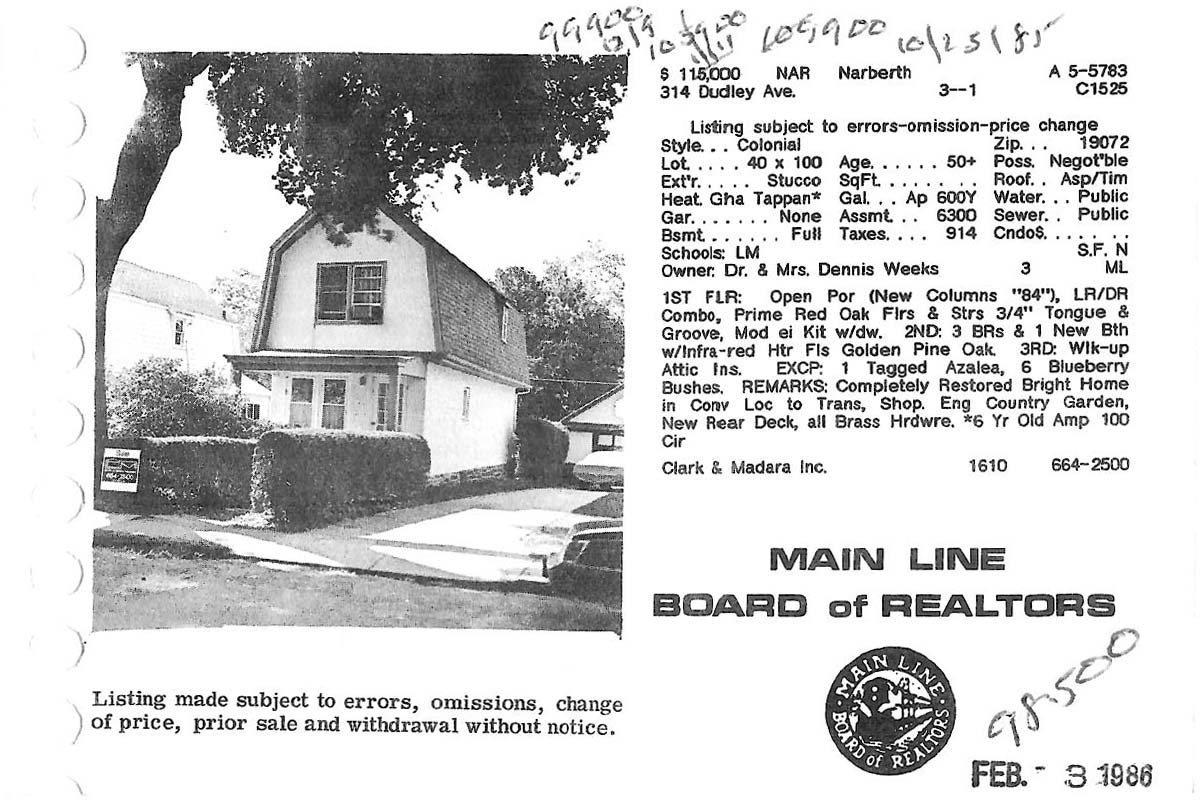 314 Dudley Avenue real estate listing, 1985