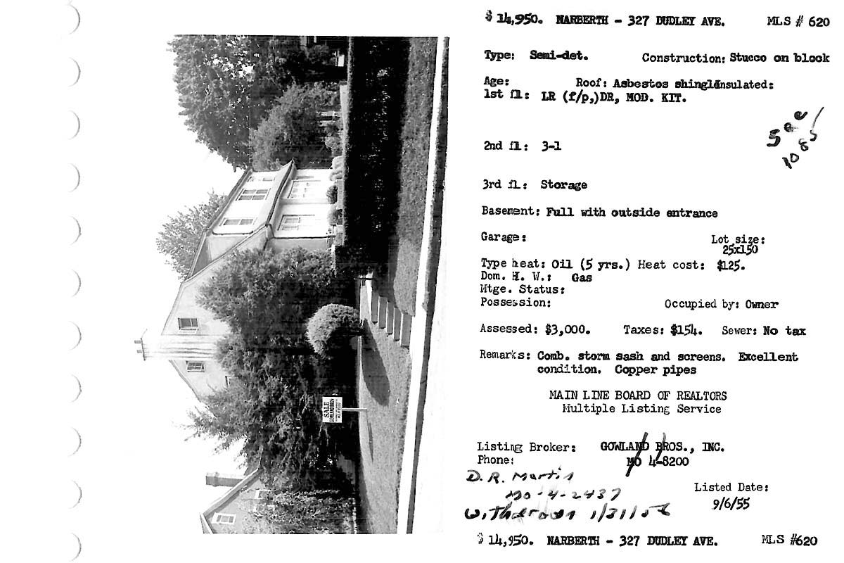 327 Dudley Avenue real estate listing, 1955
