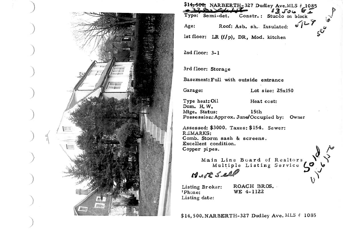 327 Dudley Avenue real estate listing, 1956