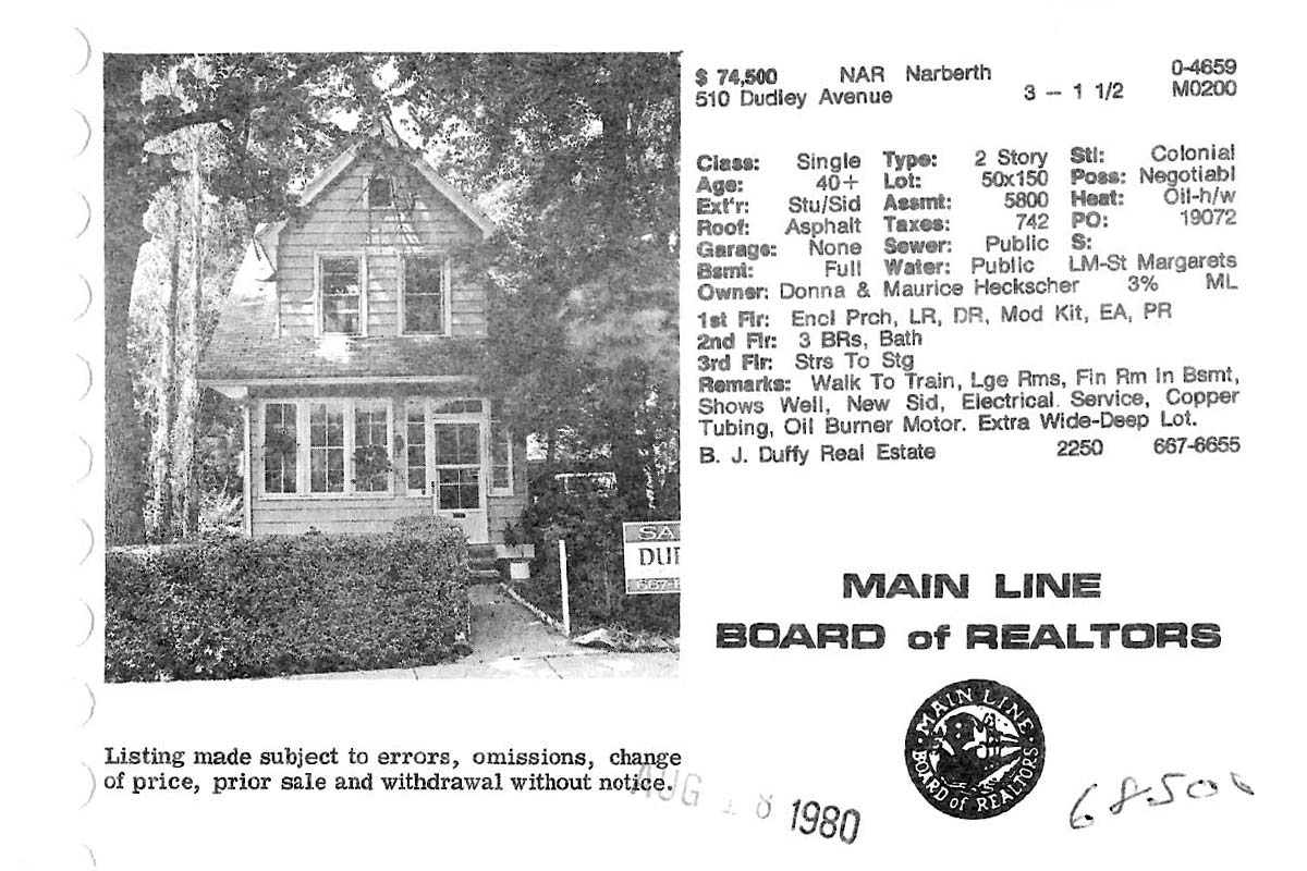 510 Dudley Avenue real estate listing, 1980