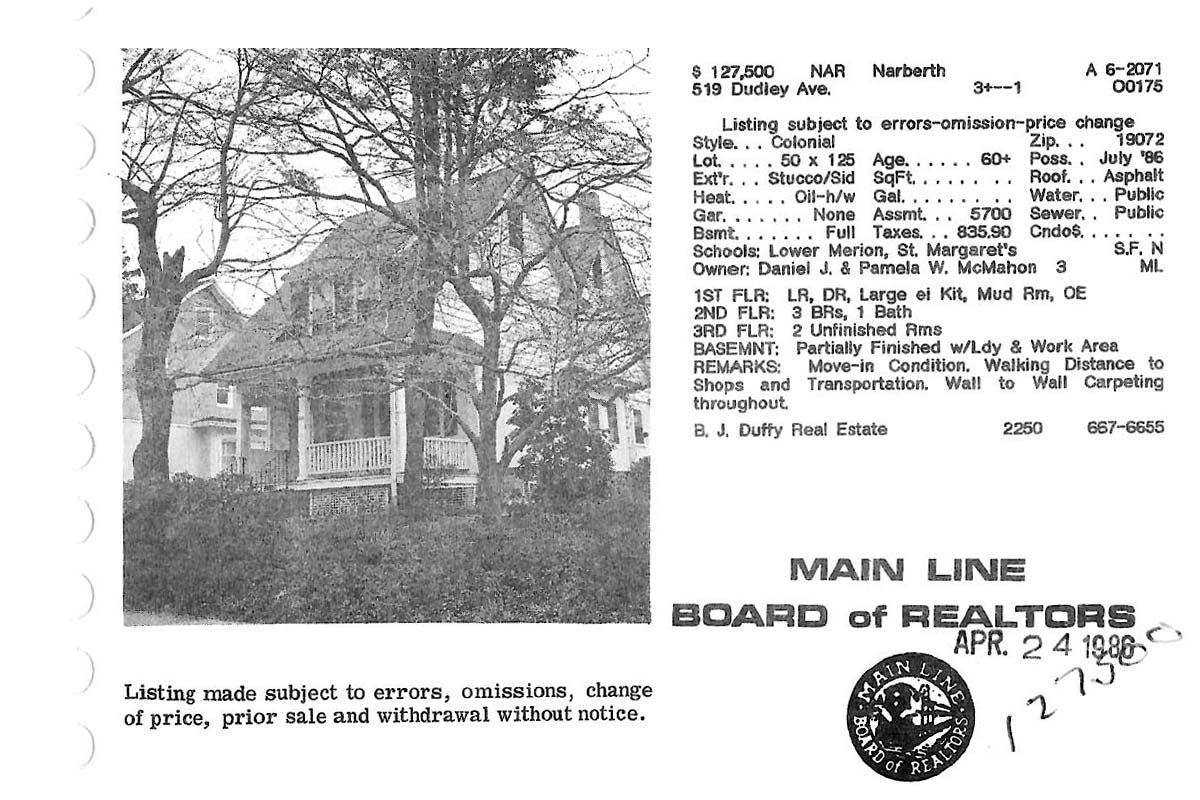 519 Dudley Avenue real estate listing, 1986