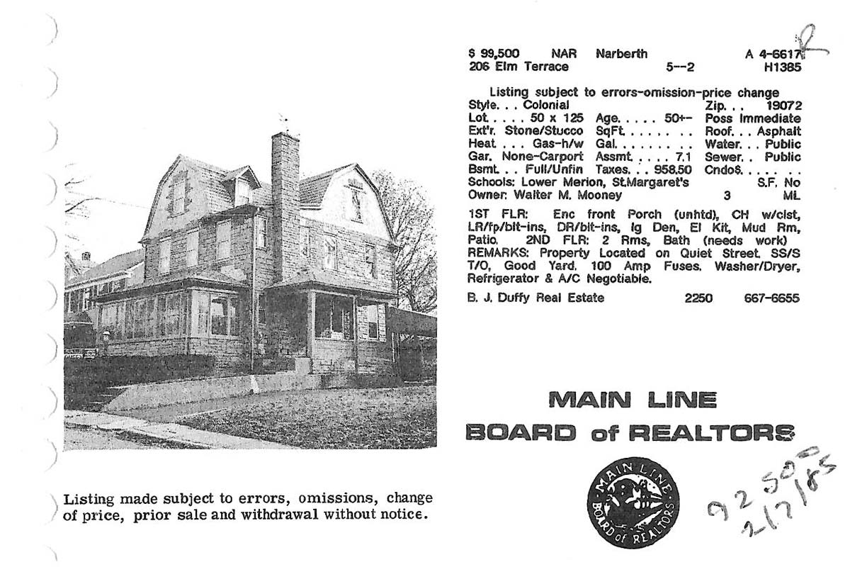 206 Elm Terrace real estate listing, 1984