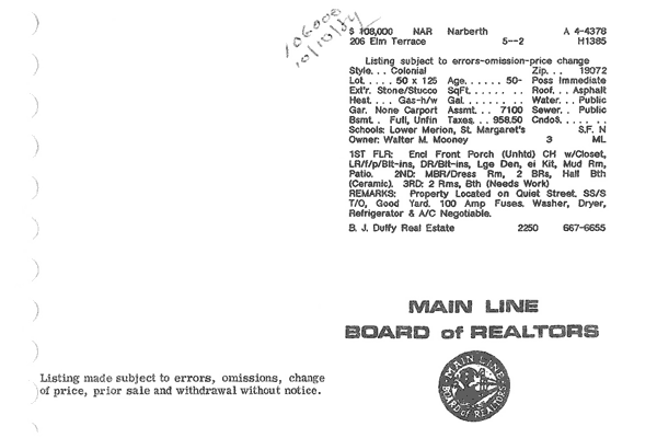 206 Elm Terrace real estate listing, 1984