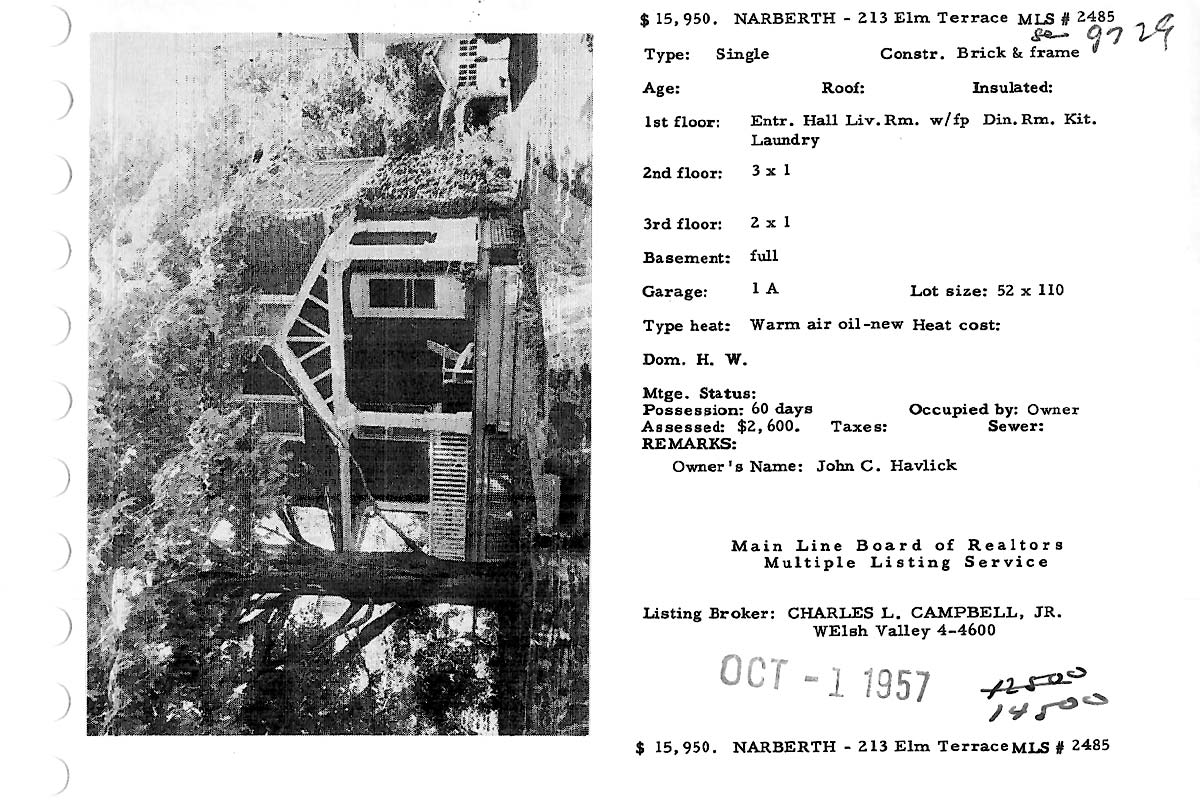 213 Elm Terrace real estate listing, 1957