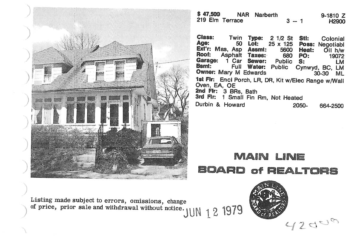 219 Elm Terrace real estate listing, 1979