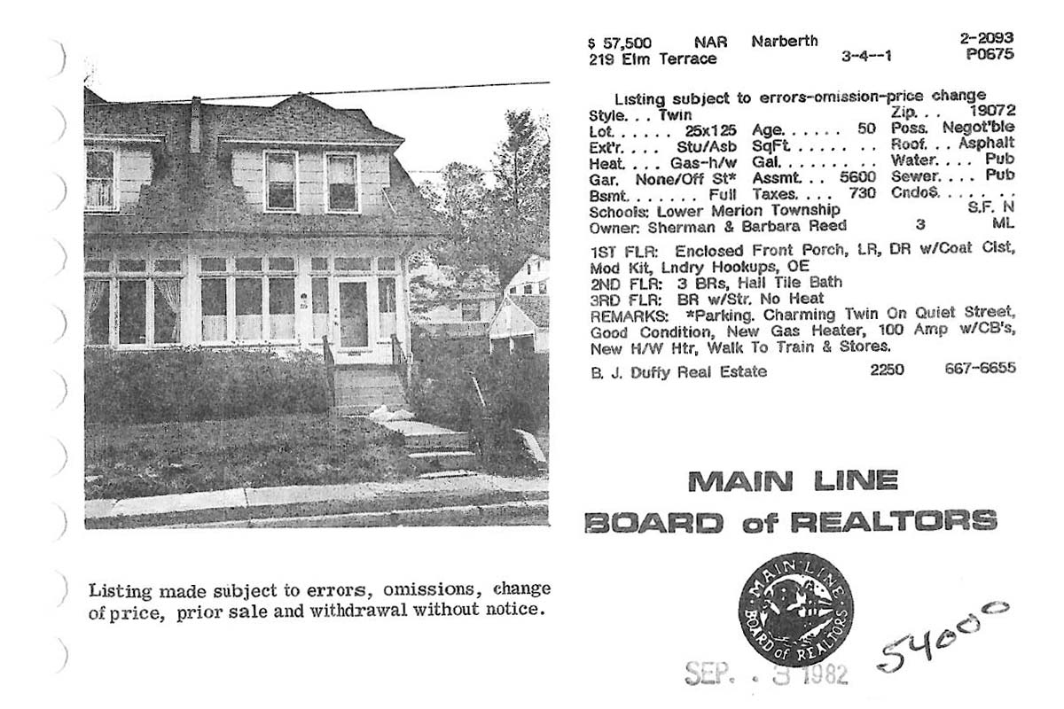 219 Elm Terrace real estate listing, 1982