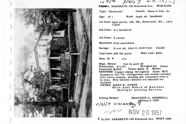 100 Elmwood Avenue real estate listing, 1957