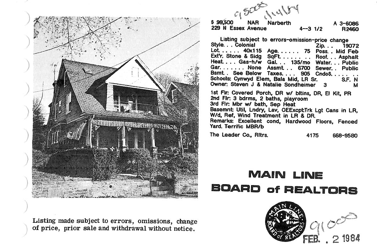 229 N. Essex Avenue real estate listing, 1984