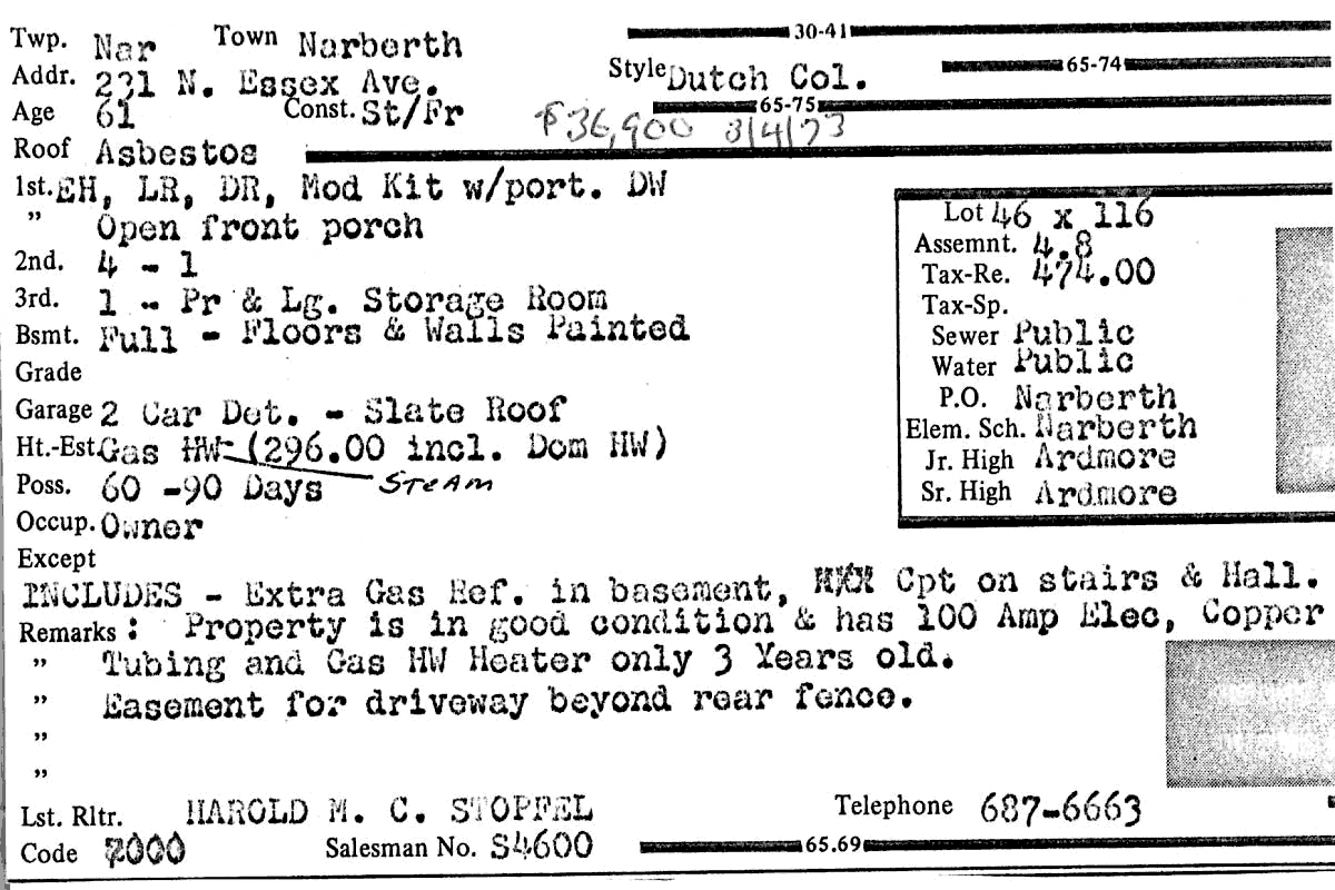 231 N. Essex Avenue real estate listing, 1973
