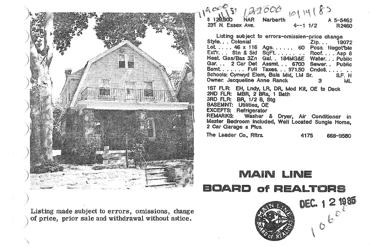 231 N. Essex Avenue real estate listing, 1985