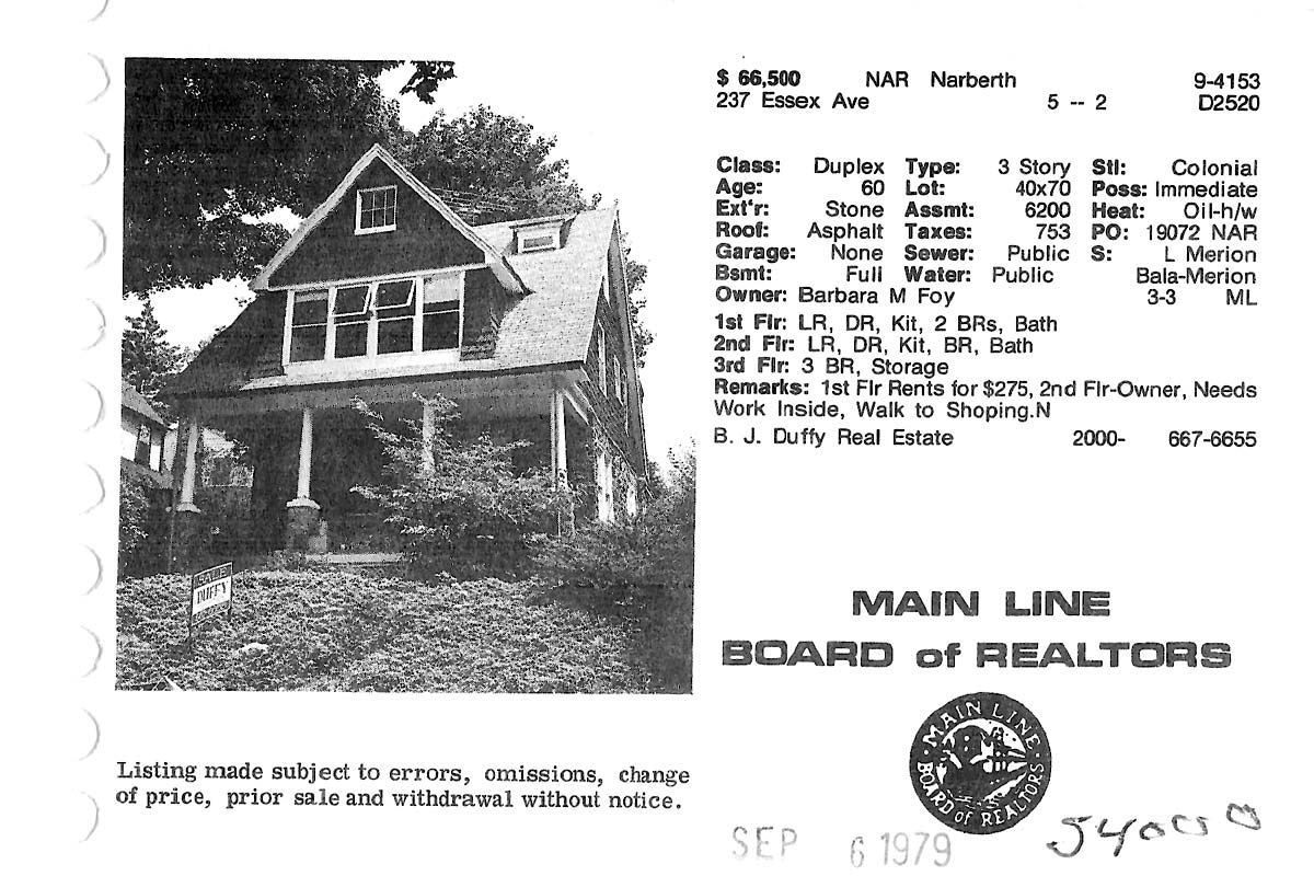 237 N. Essex Avenue real estate listing, 1979