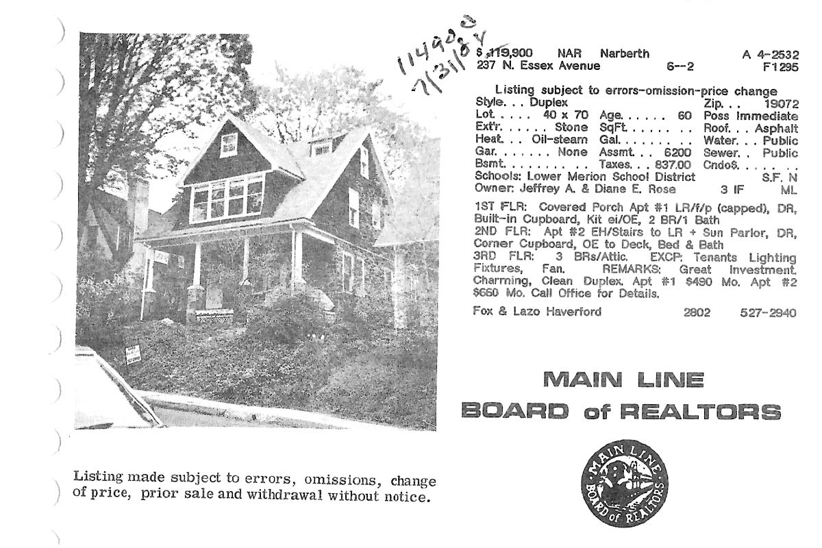 237 N. Essex Avenue real estate listing, 1984