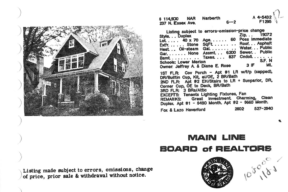237 N. Essex Avenue real estate listing, 1985