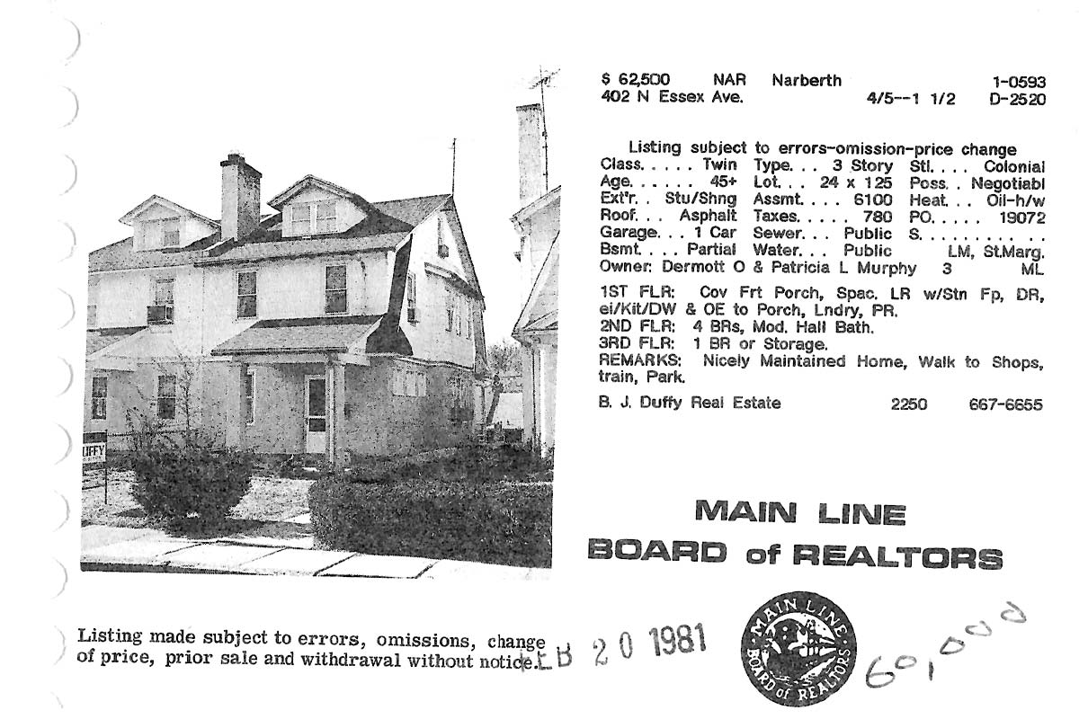 402 N. Essex Avenue real estate listing, 1981