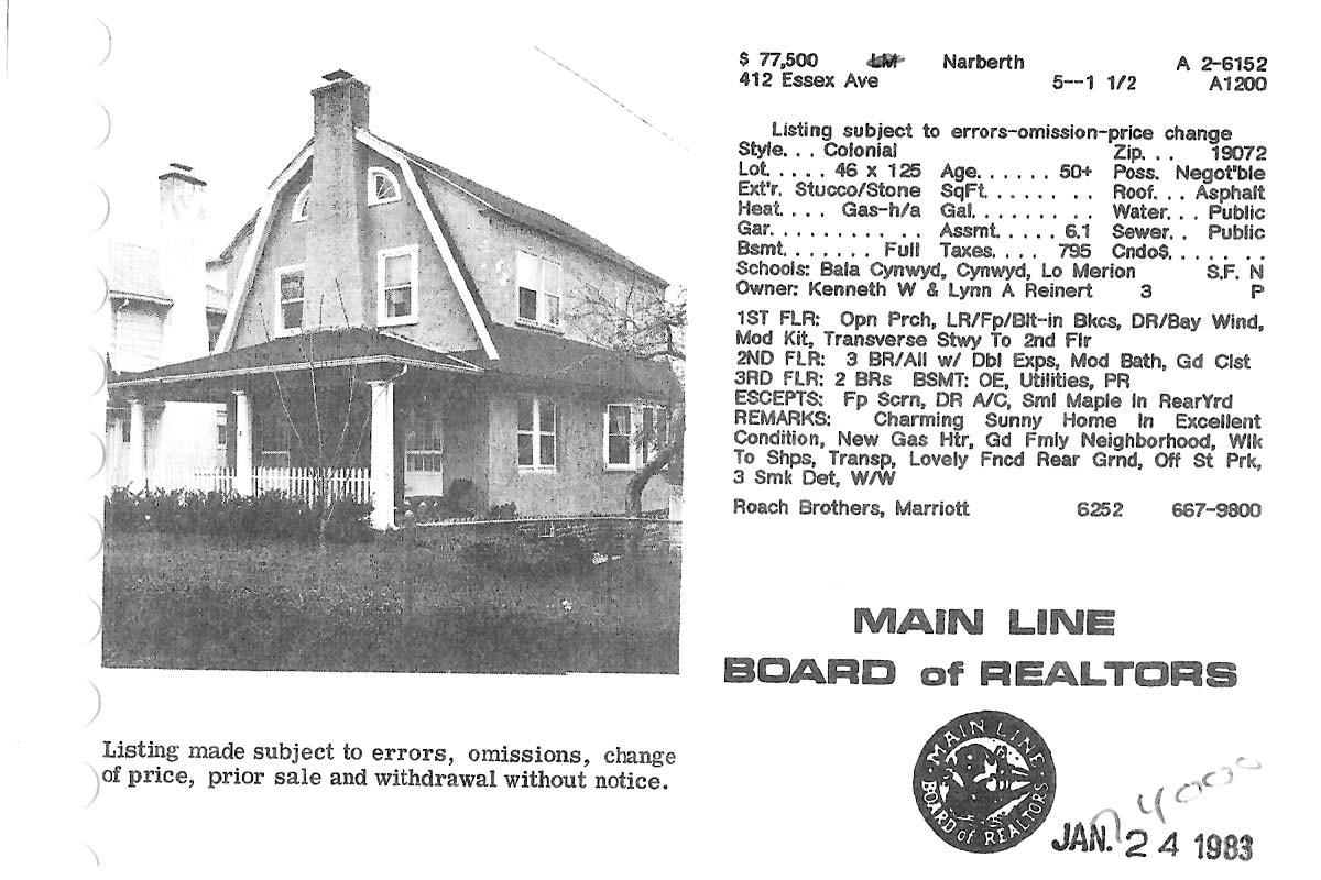 412 N. Essex Avenue real estate listing, 1982